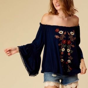 NWT Altar'd State Navy Embroidered Bell Sleeve Boho Festival Top - SIZE SMALL